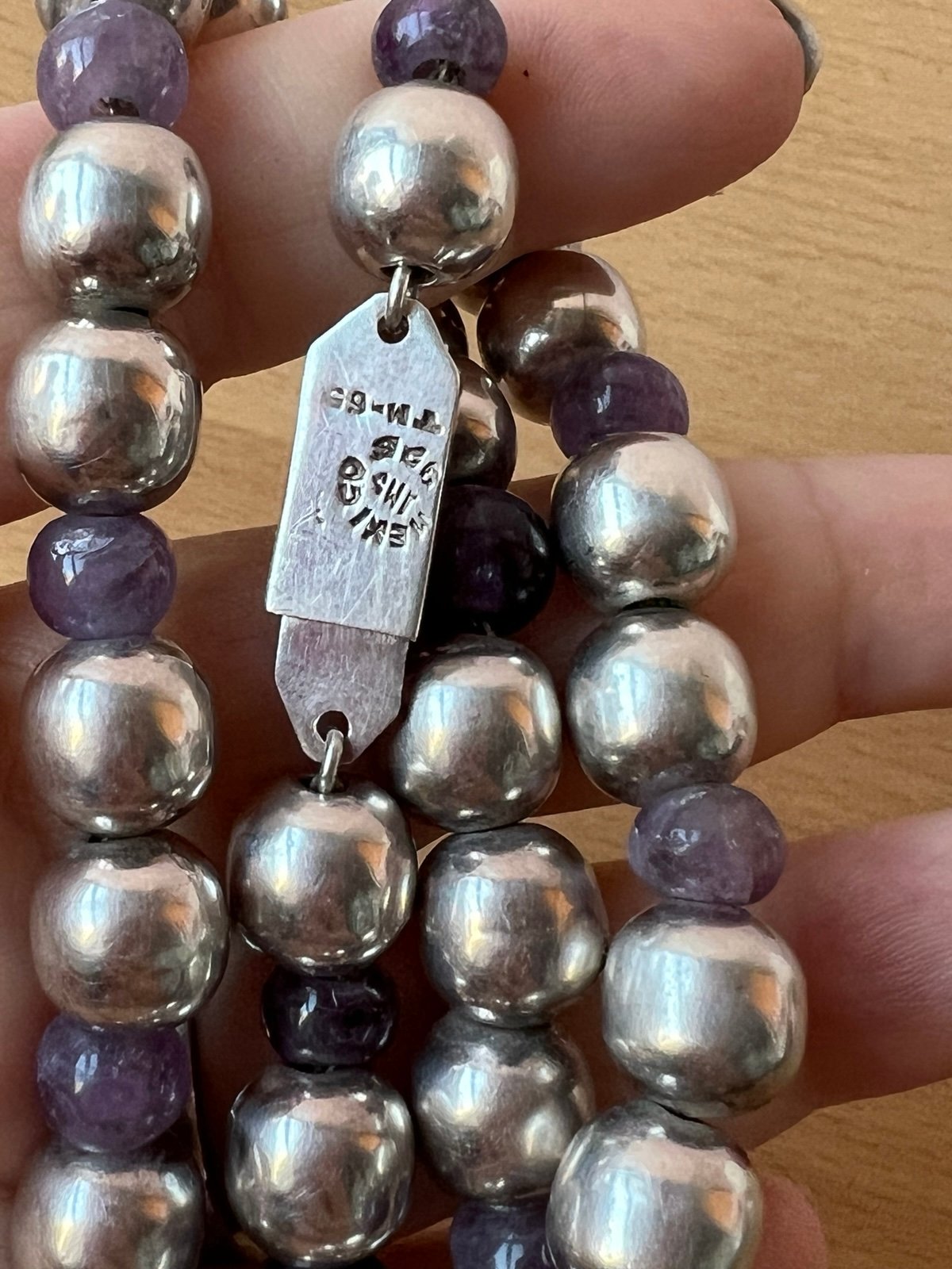 VINTAGE TAXCO MEXICO 925 STERLING SILVER & PURPLE AMETHYST BEADS NECKLACE 51 GR - detail