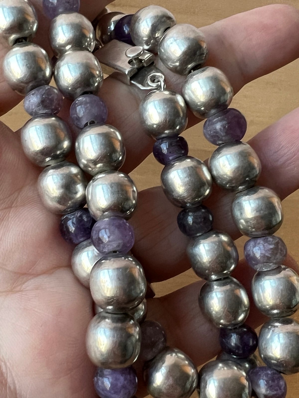 VINTAGE TAXCO MEXICO 925 STERLING SILVER & PURPLE AMETHYST BEADS NECKLACE 51 GR - detail