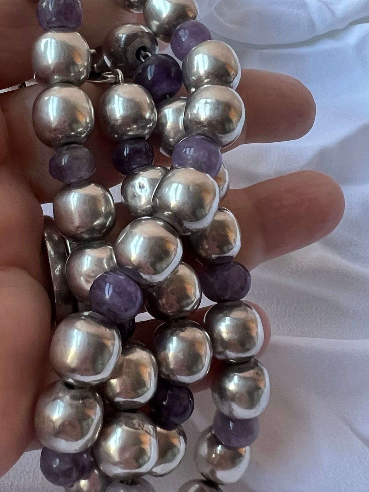 VINTAGE TAXCO MEXICO 925 STERLING SILVER & PURPLE AMETHYST BEADS NECKLACE 51 GR - detail