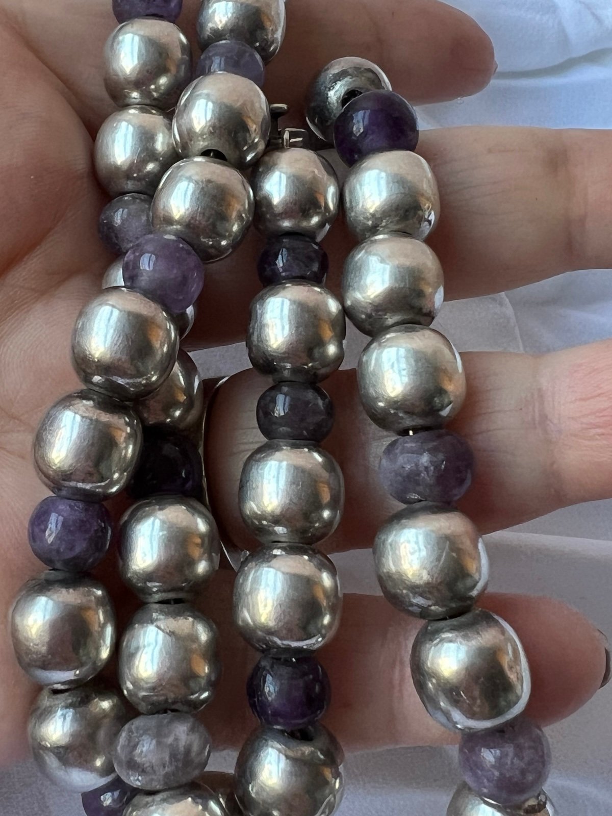 VINTAGE TAXCO MEXICO 925 STERLING SILVER & PURPLE AMETHYST BEADS NECKLACE 51 GR - detail