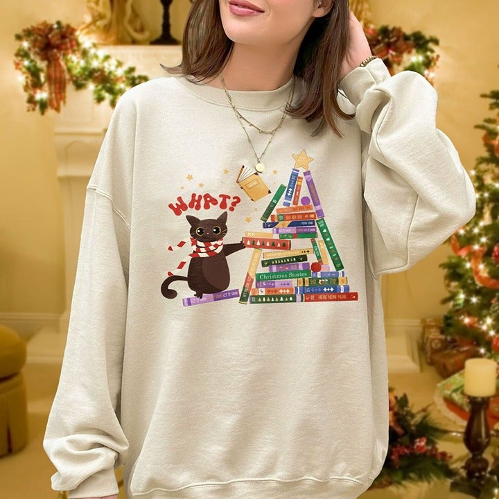 Christmas Book Tree Sweatshirt Cat Christmas Crewneck What Christmas Cat Hoodie