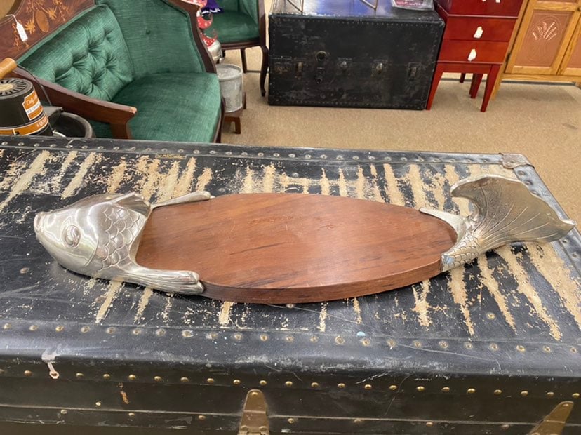 Mid century pewter and solid wood fish s