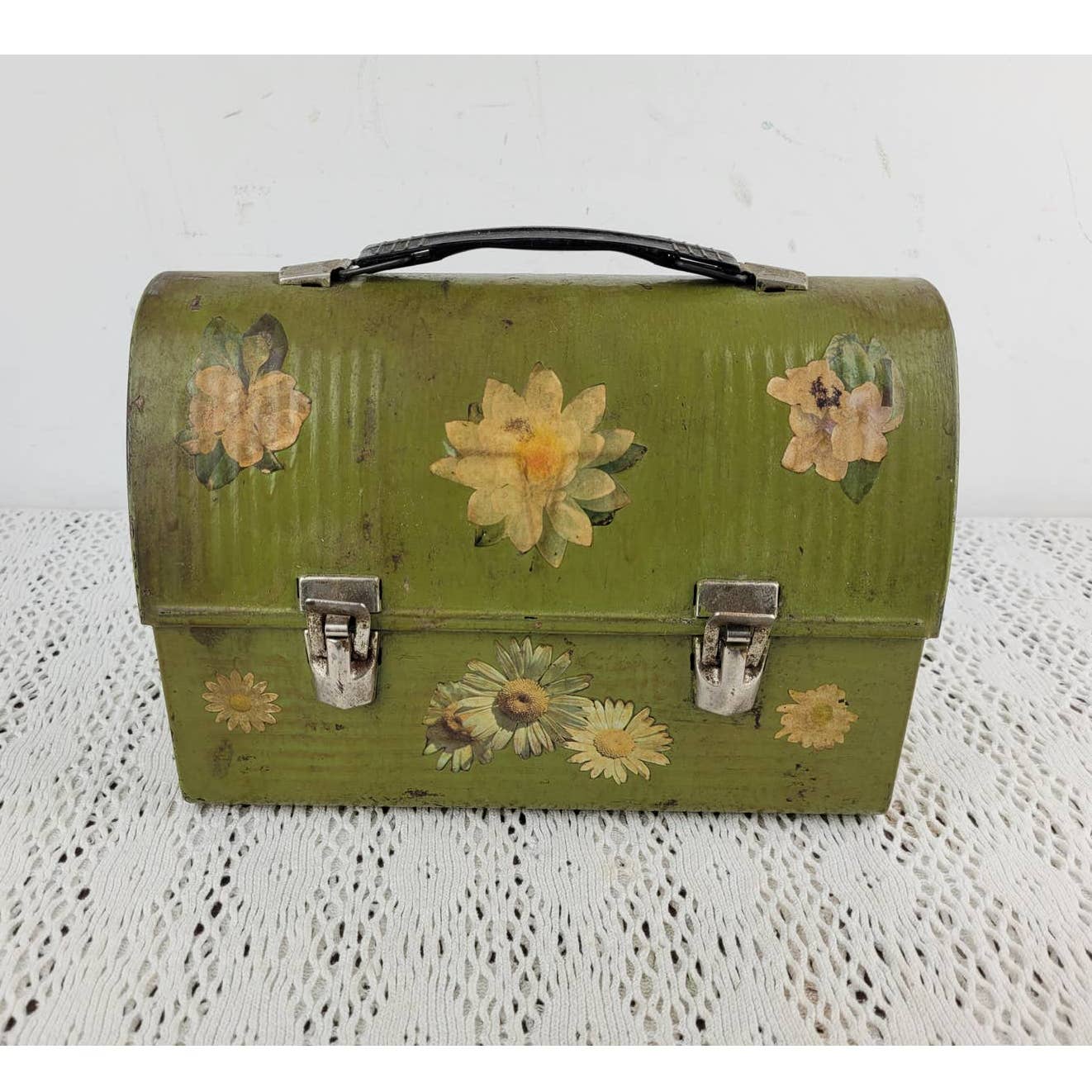 Vintage Thermos Brand Green Floral Fruit Flowers Dome Metal Lunch Box