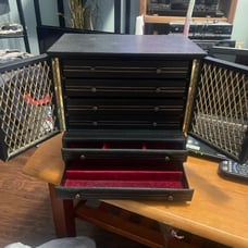 Vtg MCM 70’s Black Vinyl Gold Wire Doors Wood Jewelry box 6 Drawer Organizer Box