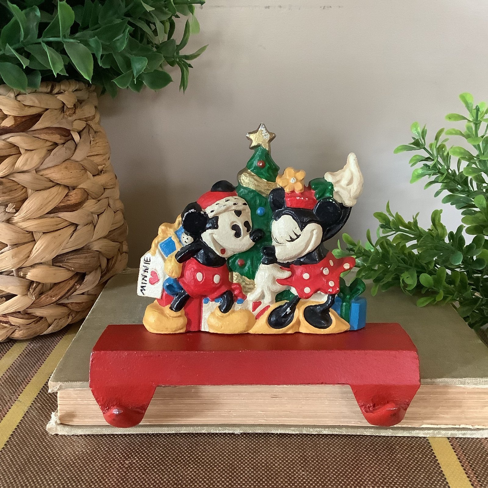 Vintage Cast Iron Mickey & Minnie Christmas Stocking Holder