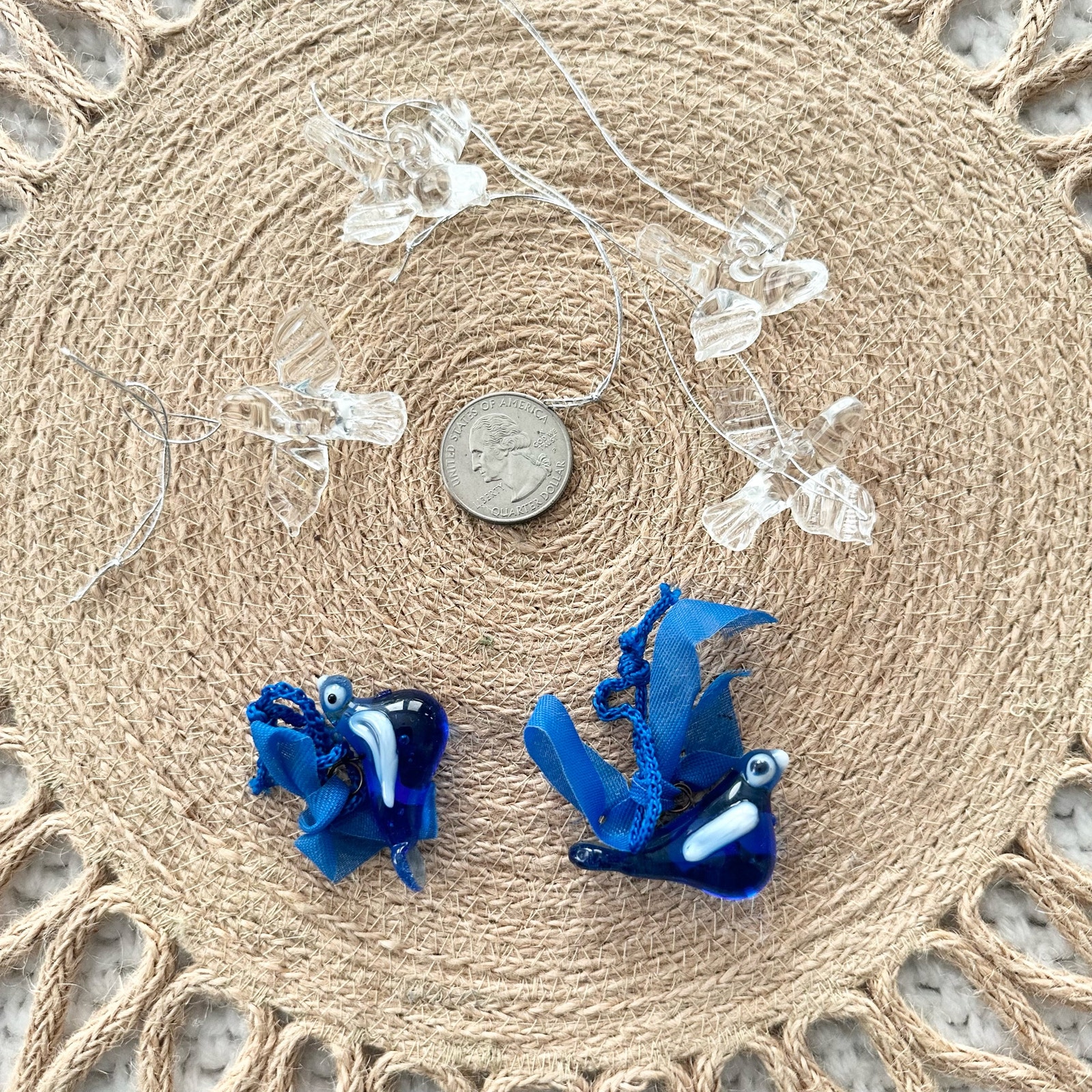 Vintage Blown Glass Blue Clear Bird Ornaments Miniature Set of 6
