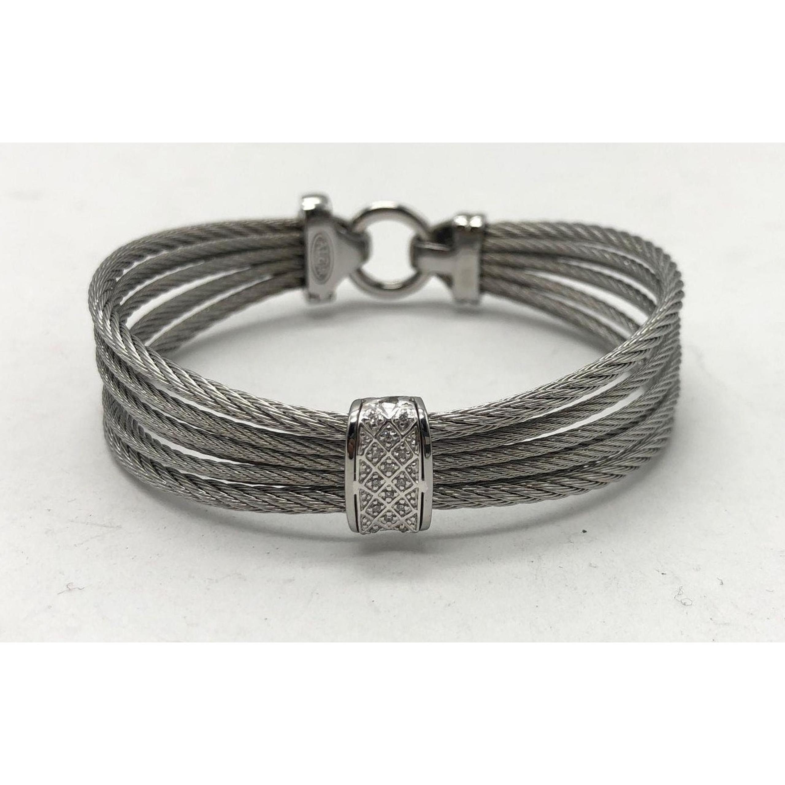 Alor Charriol 18k White Gold Diamond Stainless Steel Twisted Bracelet 6.5"