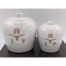 Frankoma Pottery Rach Bone White Cattle Longhorn Canister Jar Set of 2 with Lids
