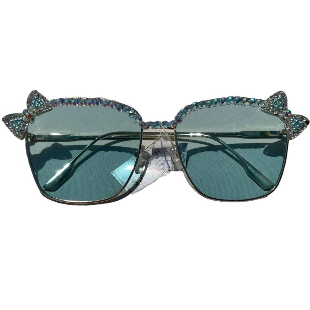 Handcrafted Unique Blue Bow Rhinestone Gold Rimmed Sunglasses Festival Wear NEW