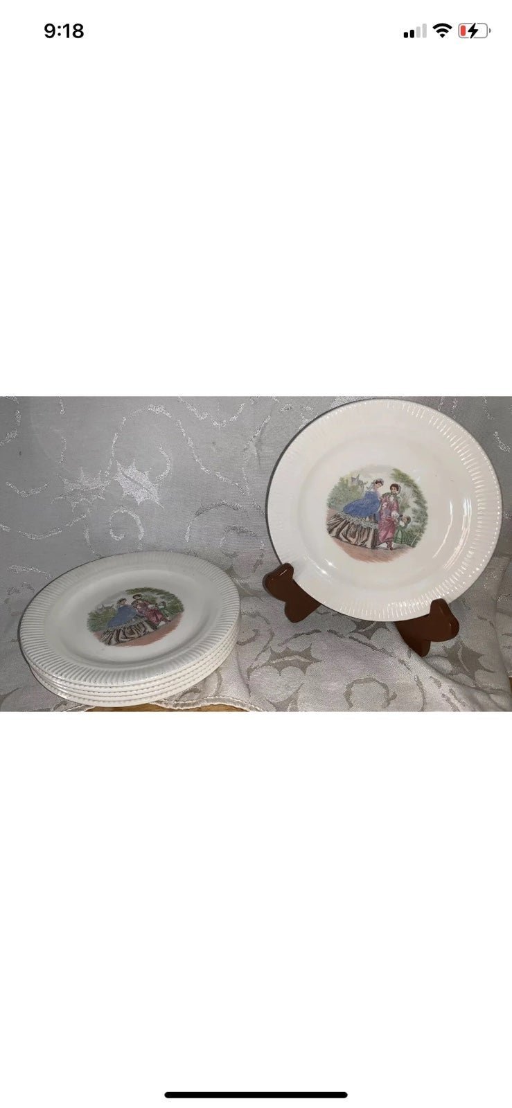 Salem china Co. Godey Prints 2 Women & Child 7 1/4” Ribbed Salad Plates 6