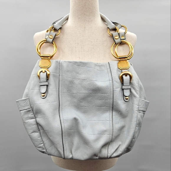 B. MAKOWSKY Light Gray Leather Hobo Double Strap HandBag