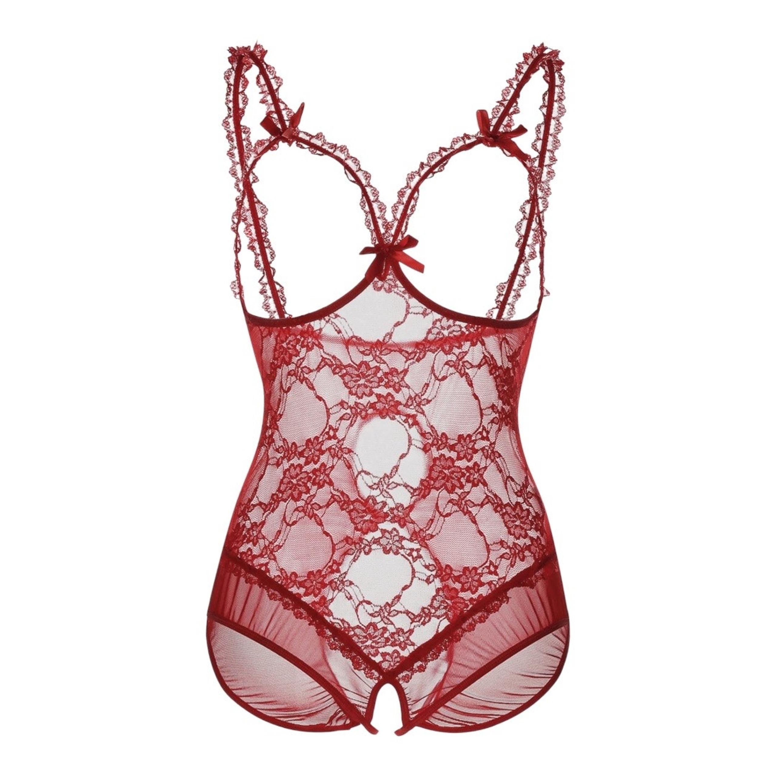 Erotic Red Lace Open Bust Hollow Out Open Crotch Bodysuit Sexy Lingerie - Auto Expressions
