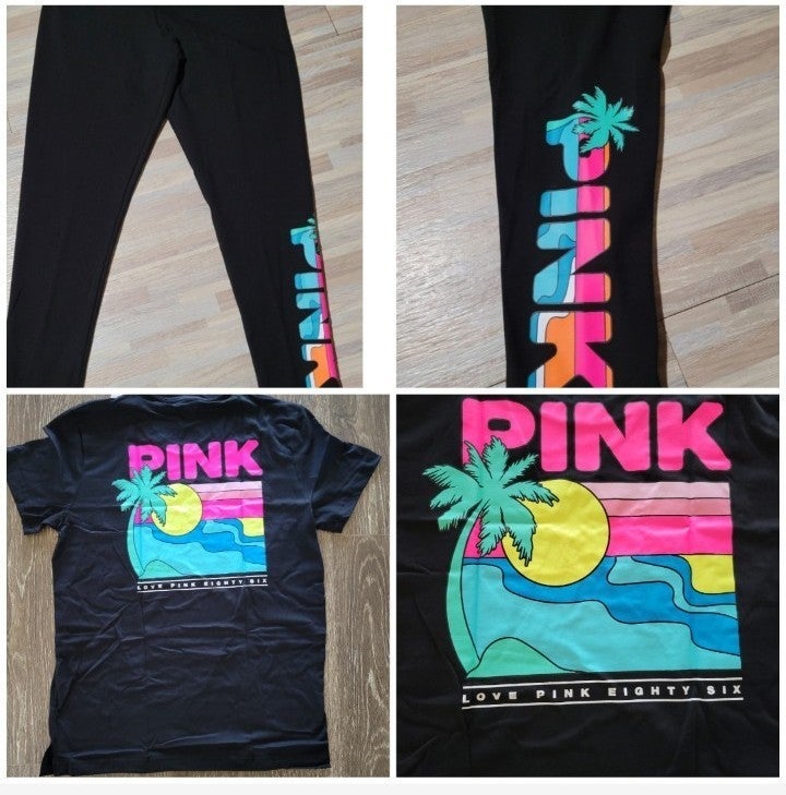 VS PINK PALM TROPICAL outfit tee leggings