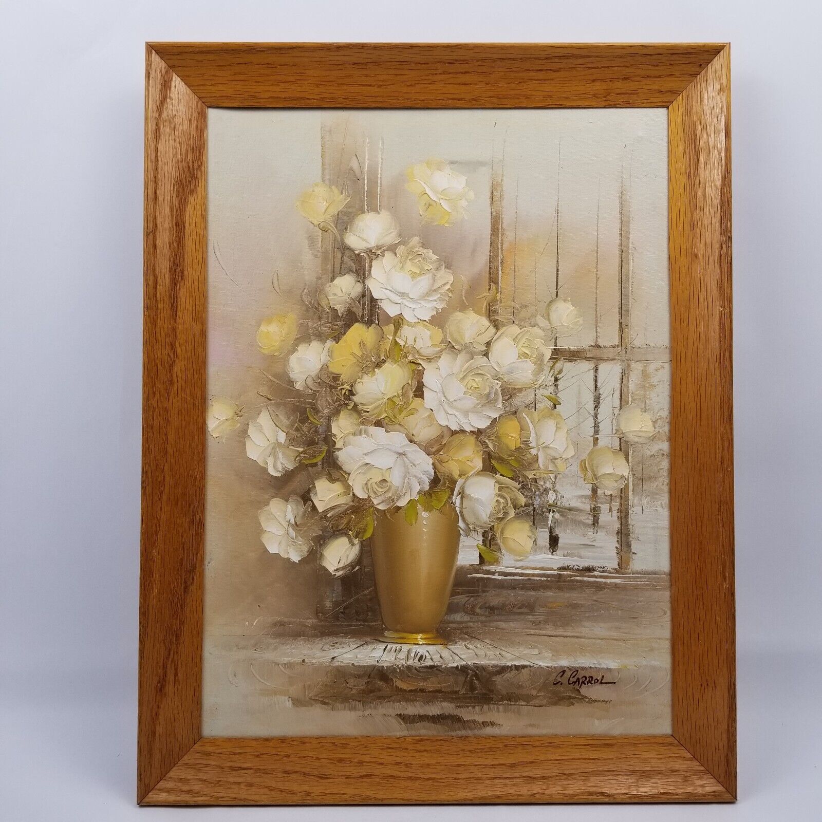 Vintage Original Oil Painting Floral Still Life Yellow White Roses on Winter Day