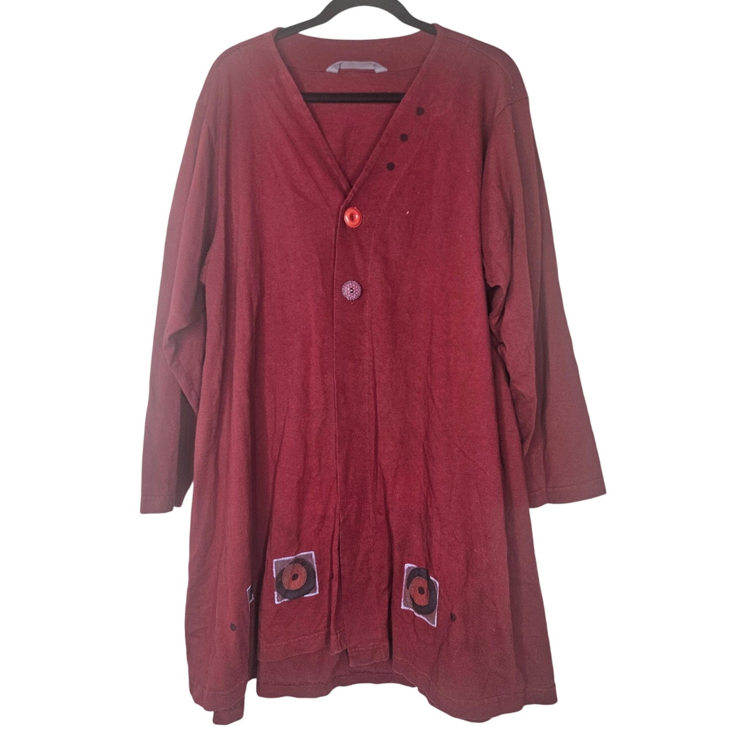 Vintage Blue Fish Burgundy Jacket Lagenlook Art Wear Handpainted Organic Cotton
