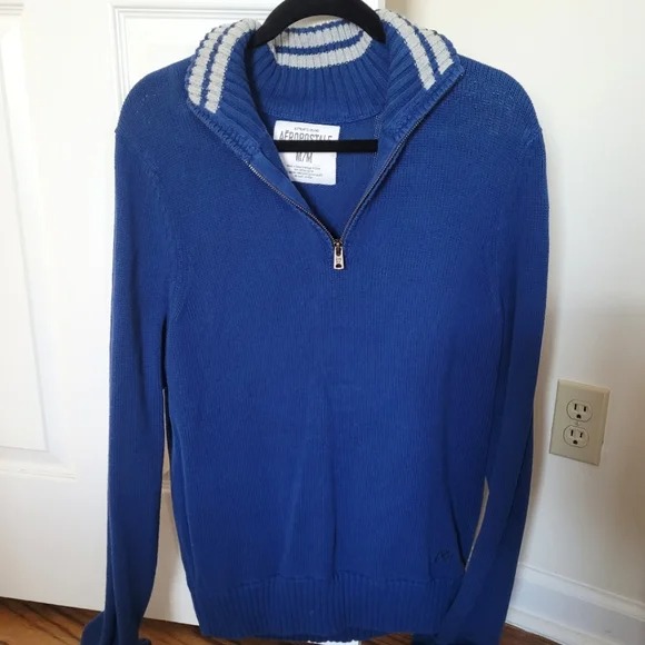 Men's Aeropostale Blue/Gray Hidden Stripe Half-Zip Mock Neck Knit Sweater Sz M