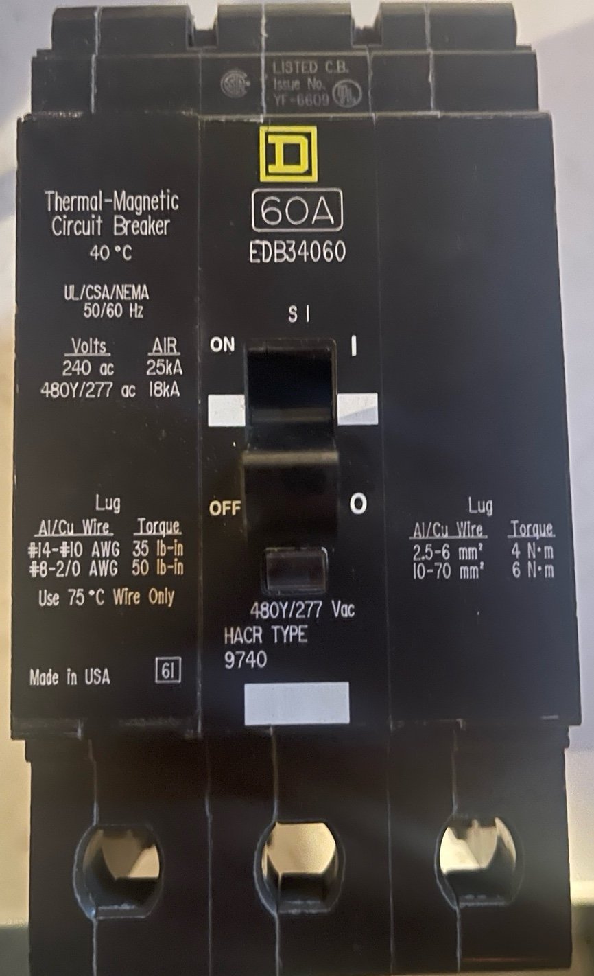 Square D 60 Amp 3 Pole Circuit Breaker EDB34060 Used