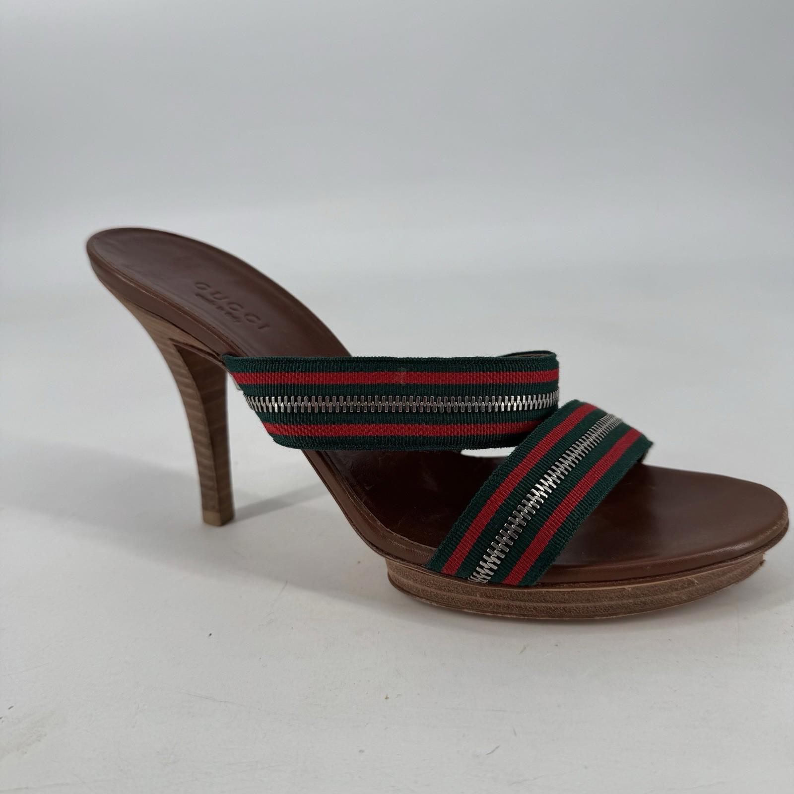 Gucci heels 6.5 brown zipper shoes sandals slip on designer summer spring party
