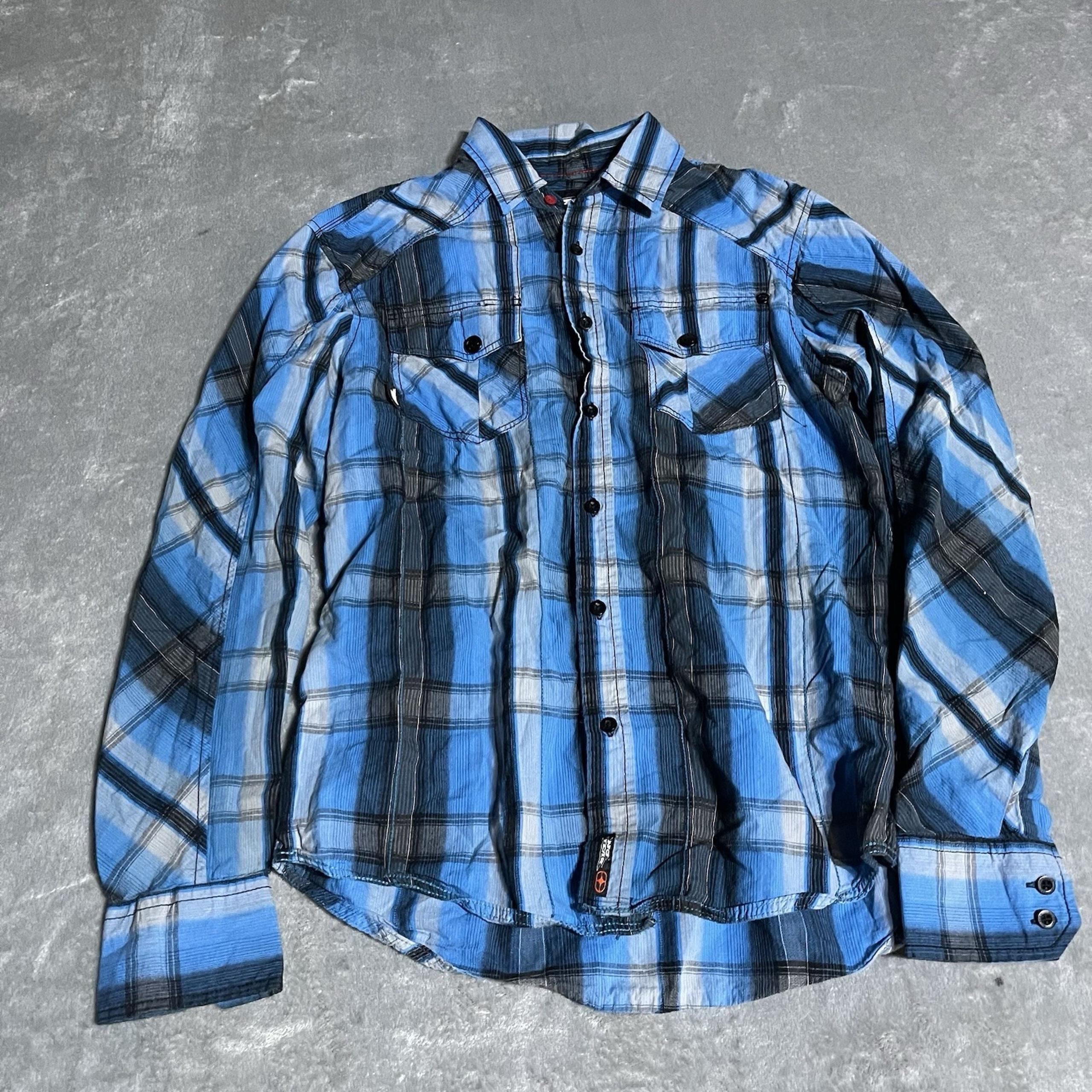 Y2K No Fear Shirt Mens Small Blue Plaid Button Up Long Sleeve Grunge Skate