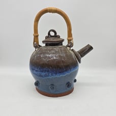 Vintage Hand Thrown Bamboo Handle Teapot Retro Blue and Brown Artist Signed