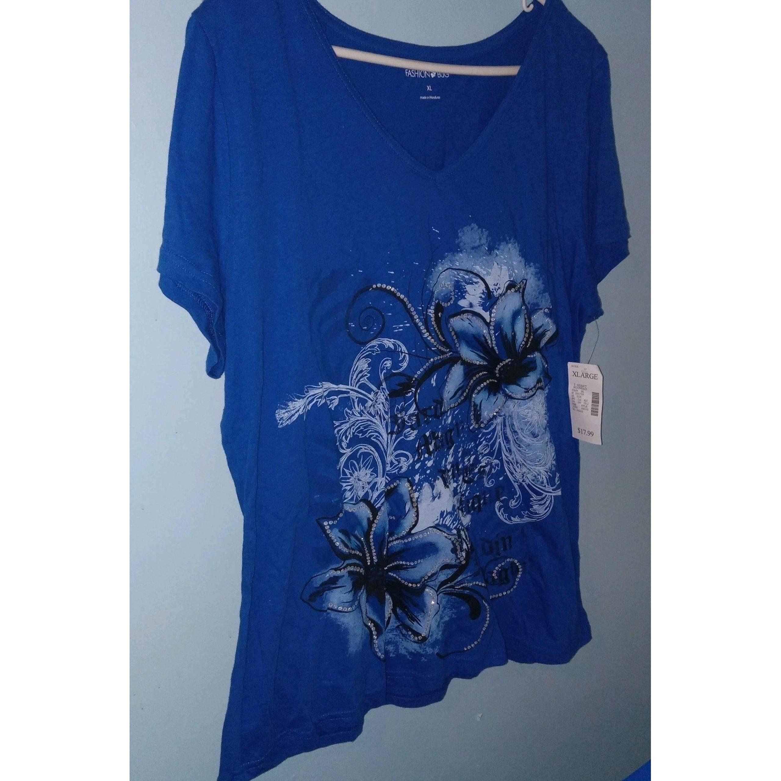 NWT Fashion Bug Sz XL Short Sleeve Top Floral Embellished BlueWomens Tshirt