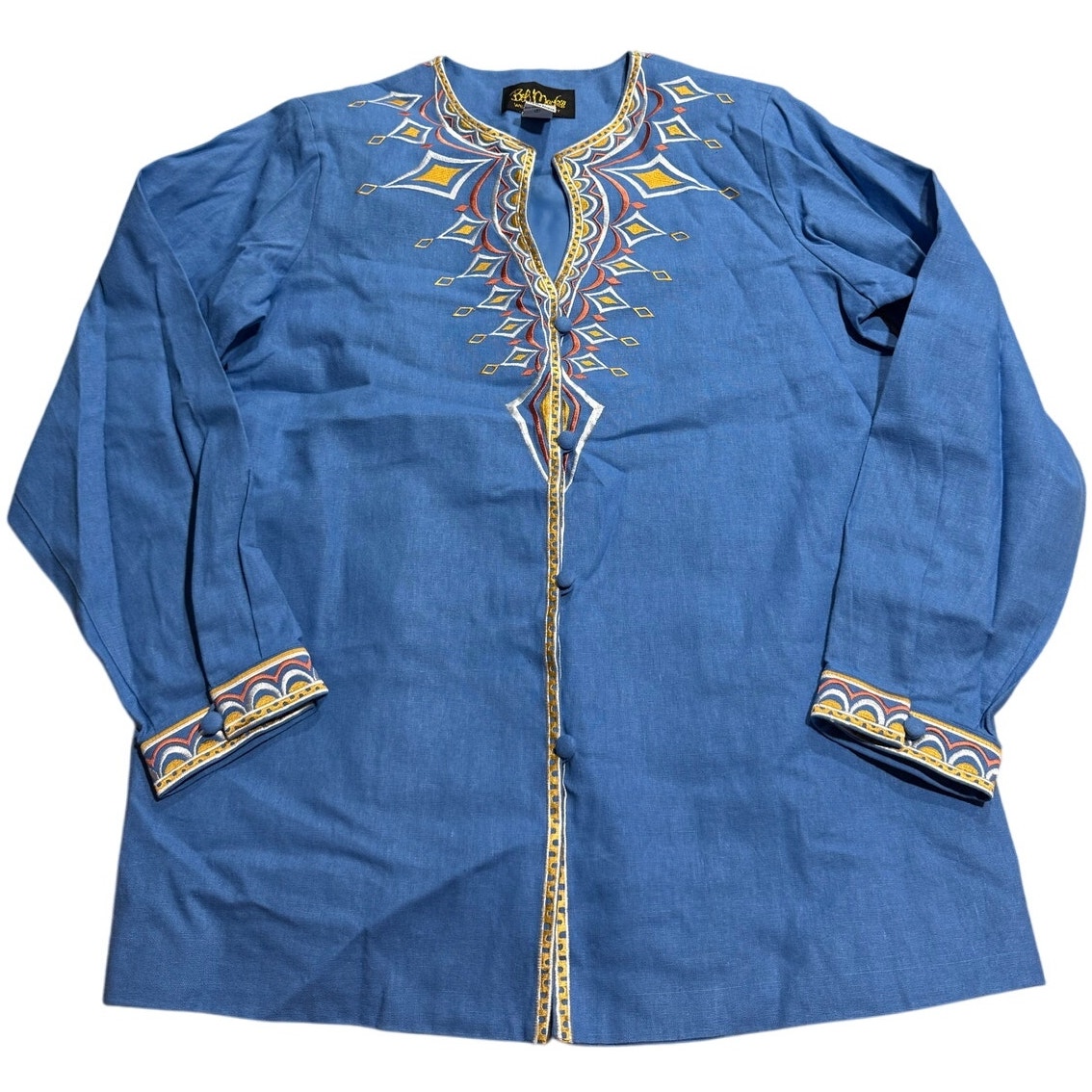 VTG Bob Mackie Wearable Art Linen Blazer Jacket Embroidered Womens Medium Blue