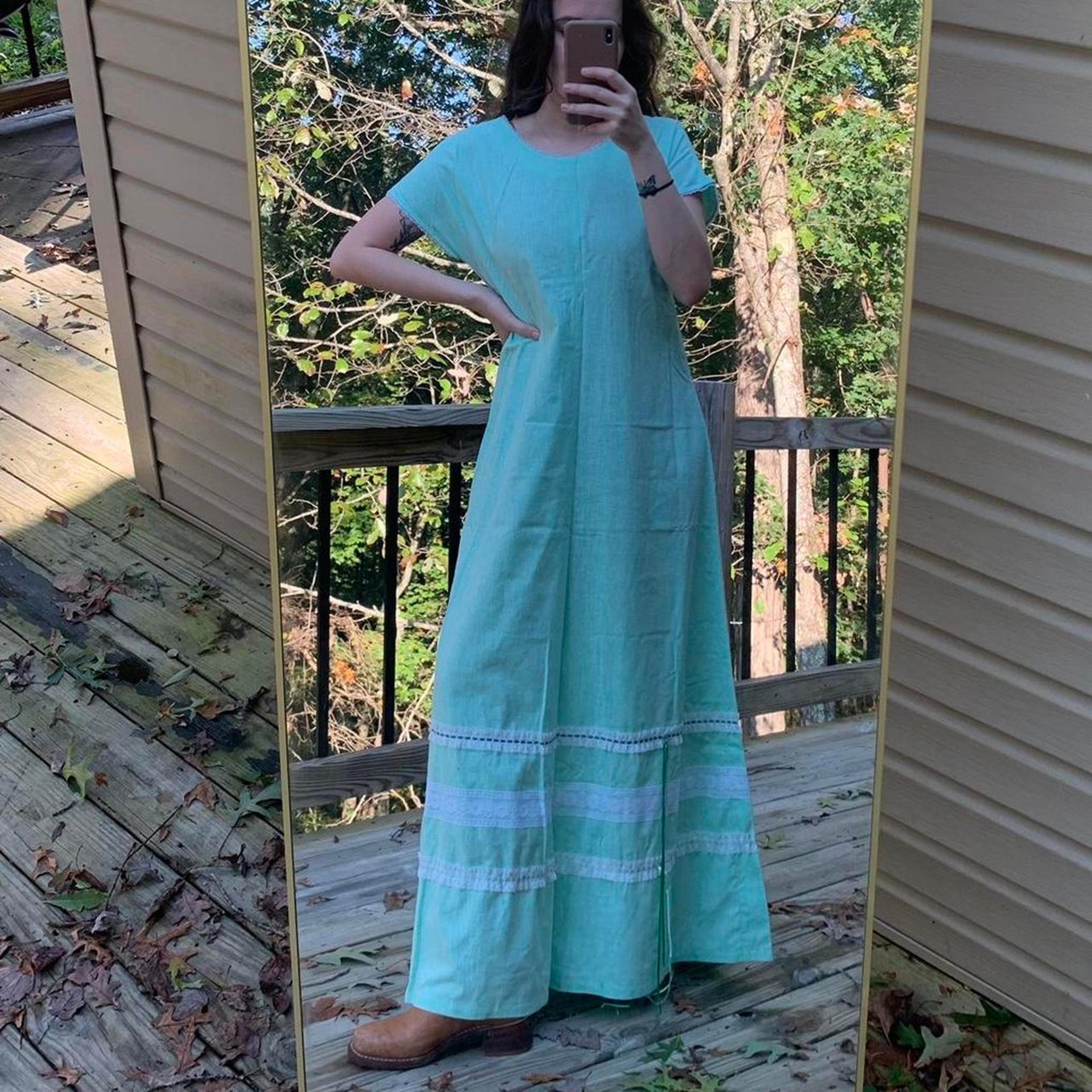 Handmade vintage green maxi dress short sleeve 70's