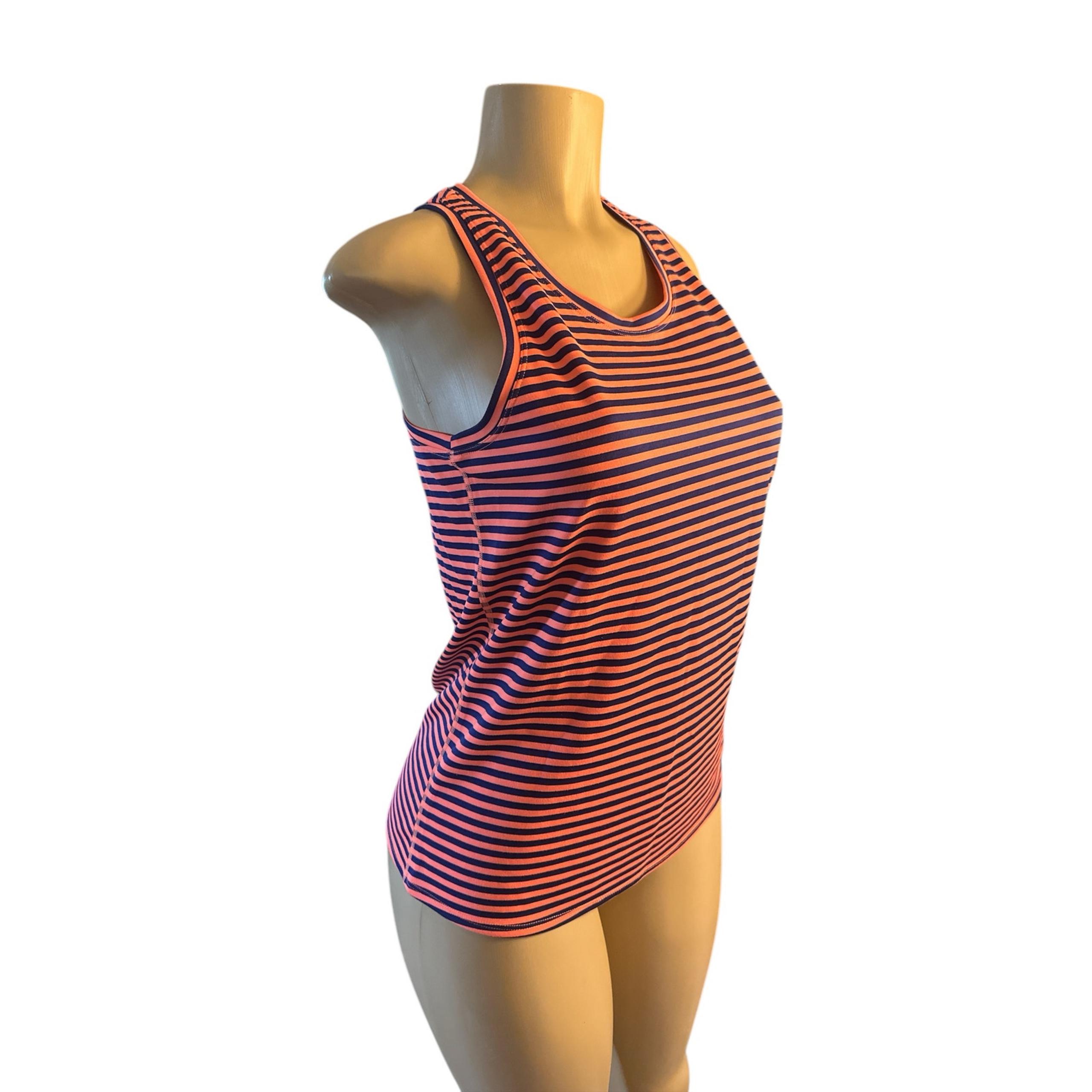 Women M Oiselle Neon Pink Black Stripe Racerback Tank Top Yoga Run Athletic