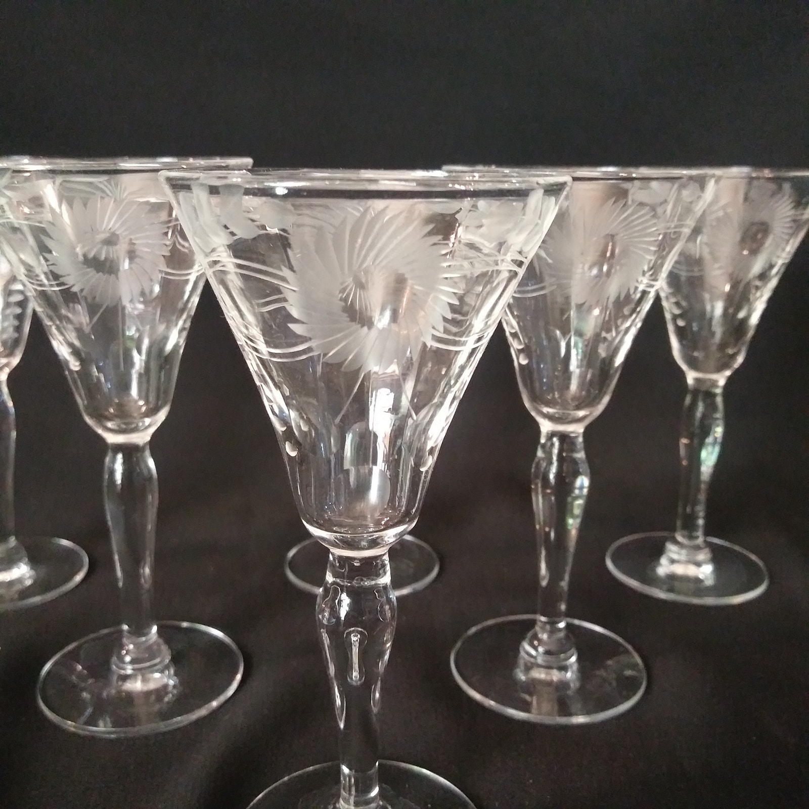 5 Vintage Cut Floral/Plant & Dot Designed Cordial Glasses
