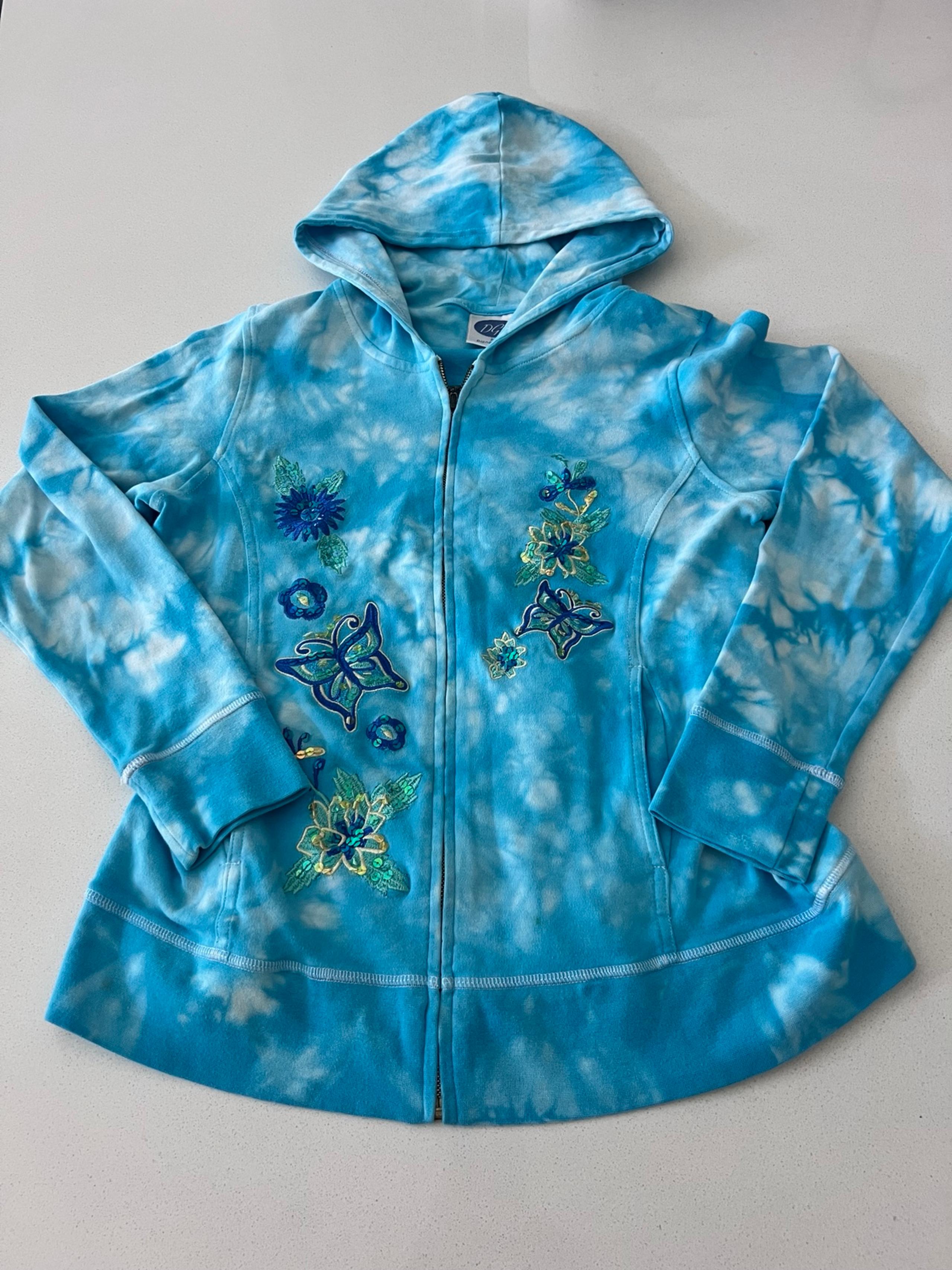 Diane Gilman Zip Up Hoodie Tie Dyed Blue White Embellishments Womens 8