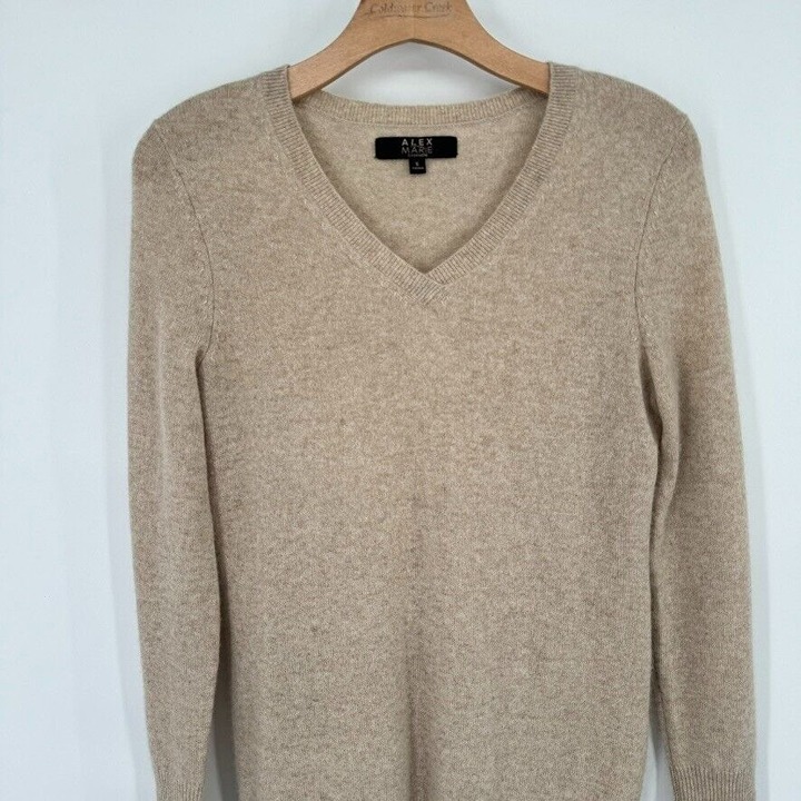 Alex Marie beige tan 100% Cashmere V-Neck pullover sweater womens size small