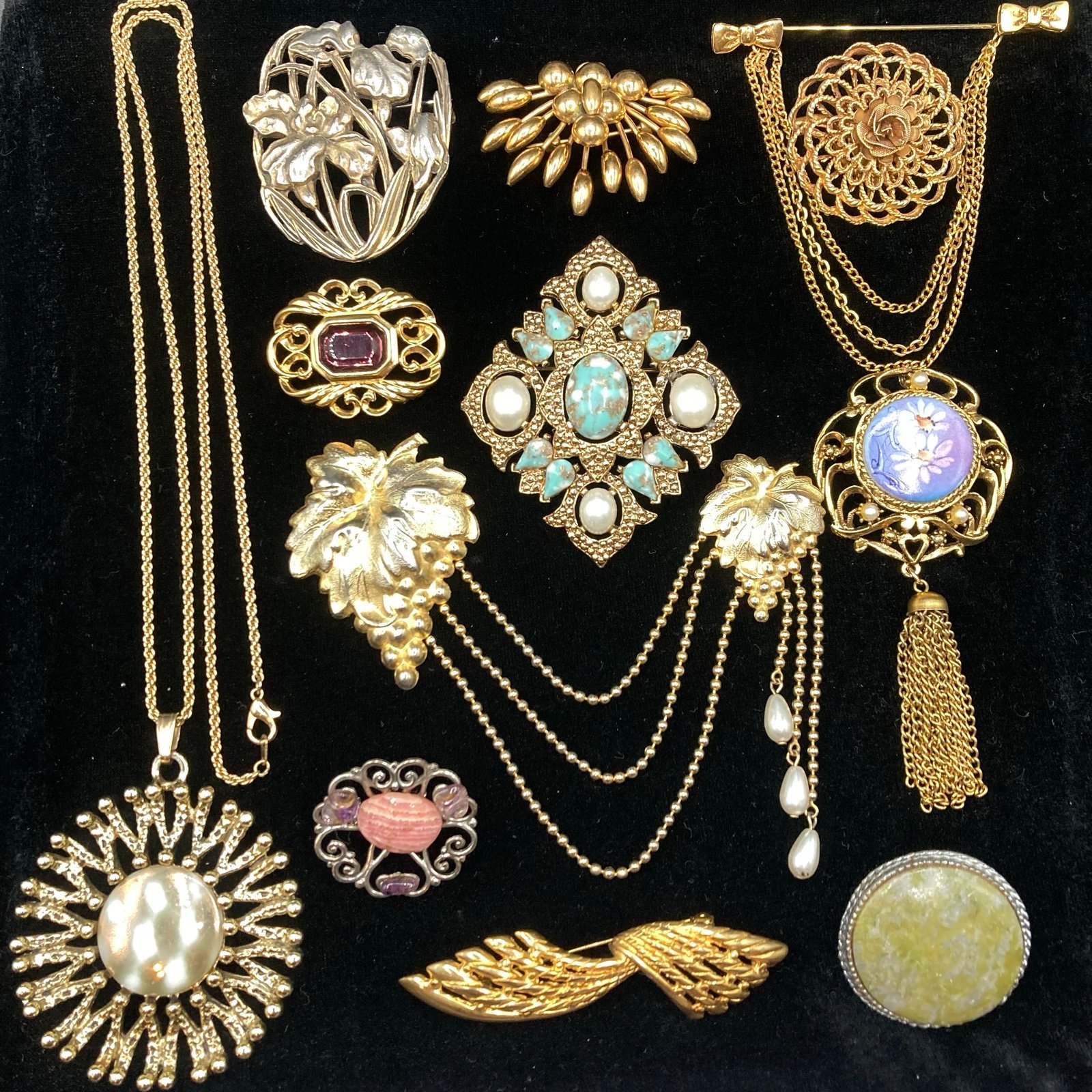 Vintage to Modern Sarah Cov Cross Flower Leaf Stone Brooch Pin Necklace Lot