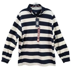 ODA Rugby Shirt Mens XL Blue White Striped Long Sleeve Quarter Zip Pullover NEW