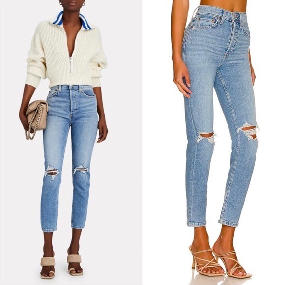 RE/DONE 90’s High Ankle Crop Distressed Knee Jean in Blue Size 26