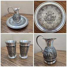 SKS 4 Piece VTG German Pewter Pitcher, Plate, Cup Set