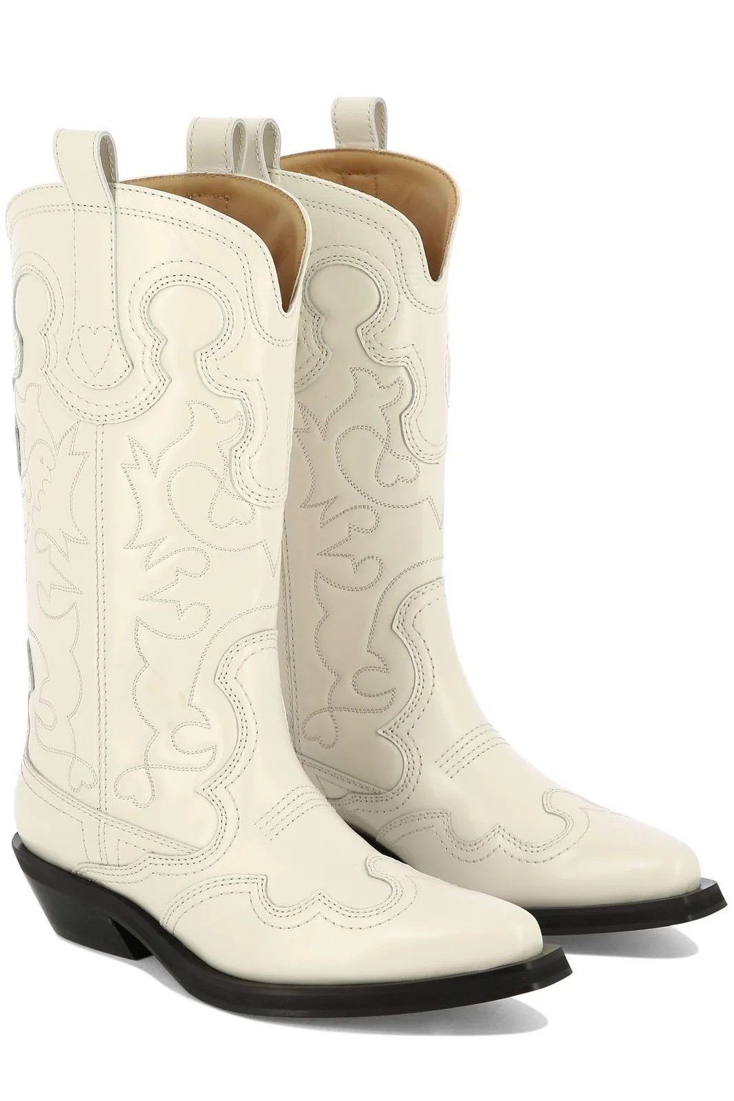 Ganni Embroidered Leather Cowboy Western Boots Ivory 38/8