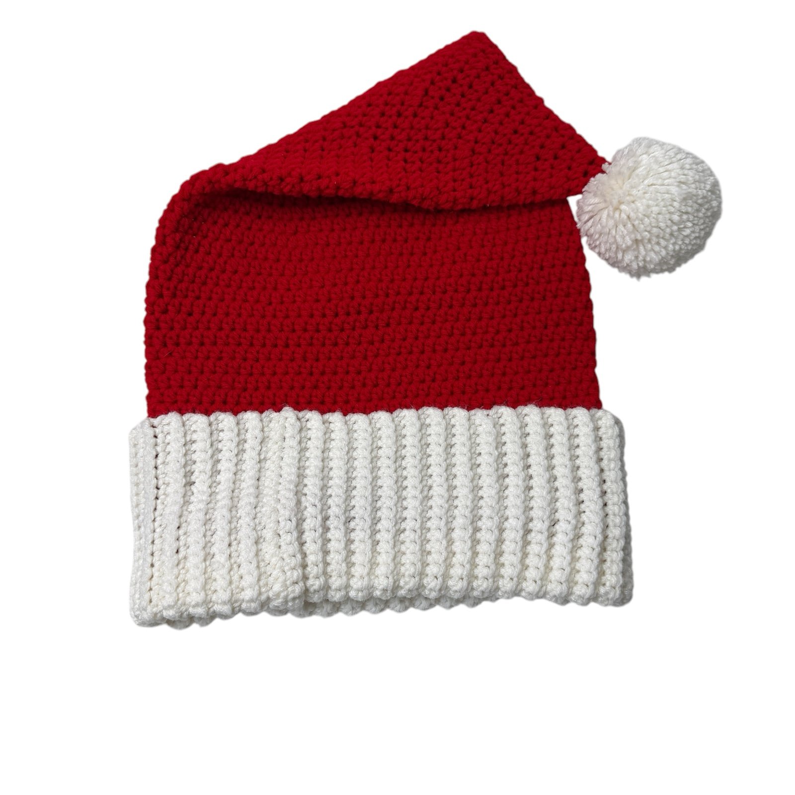 Handknit Santa Hat Adult L XL Red White Holiday Christmas Stocking Hat Homemade