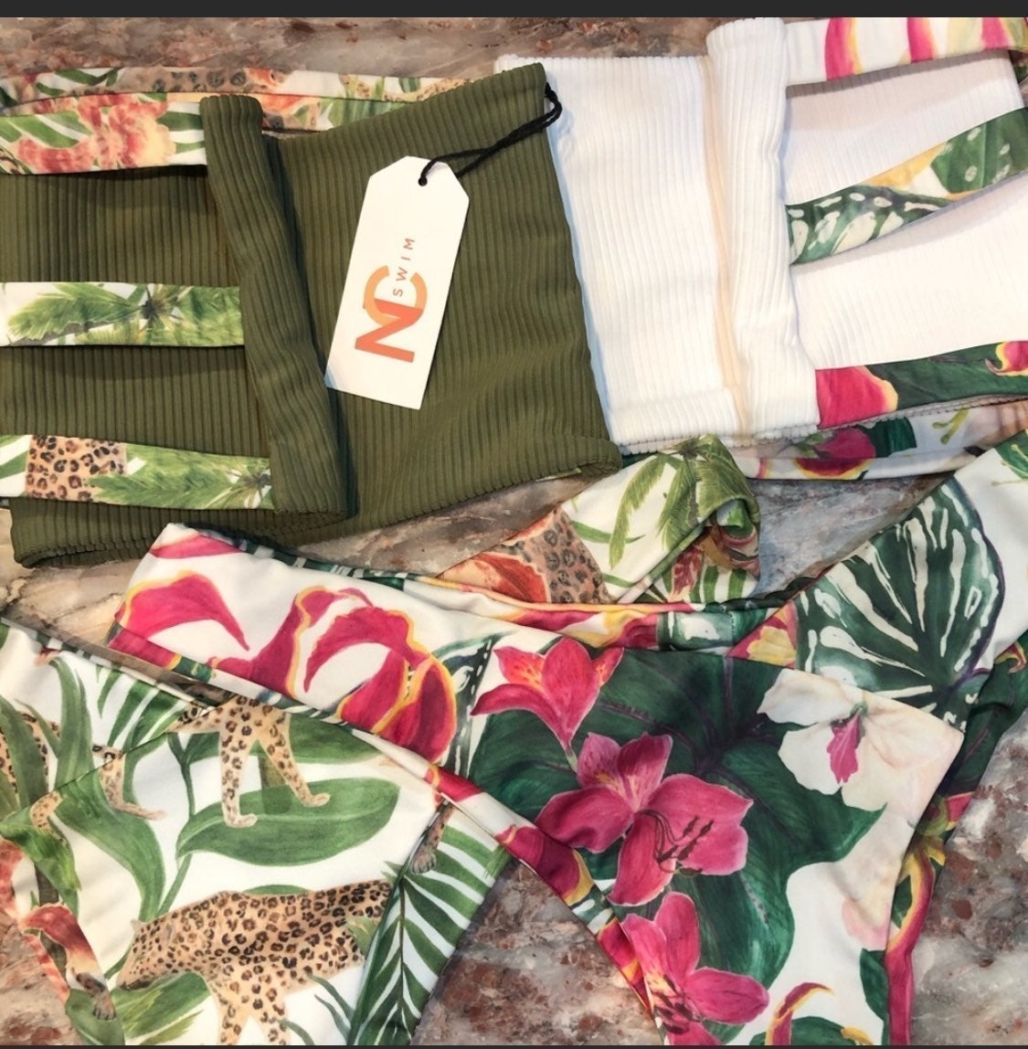 Olive And White Bandeau Bikini Sets