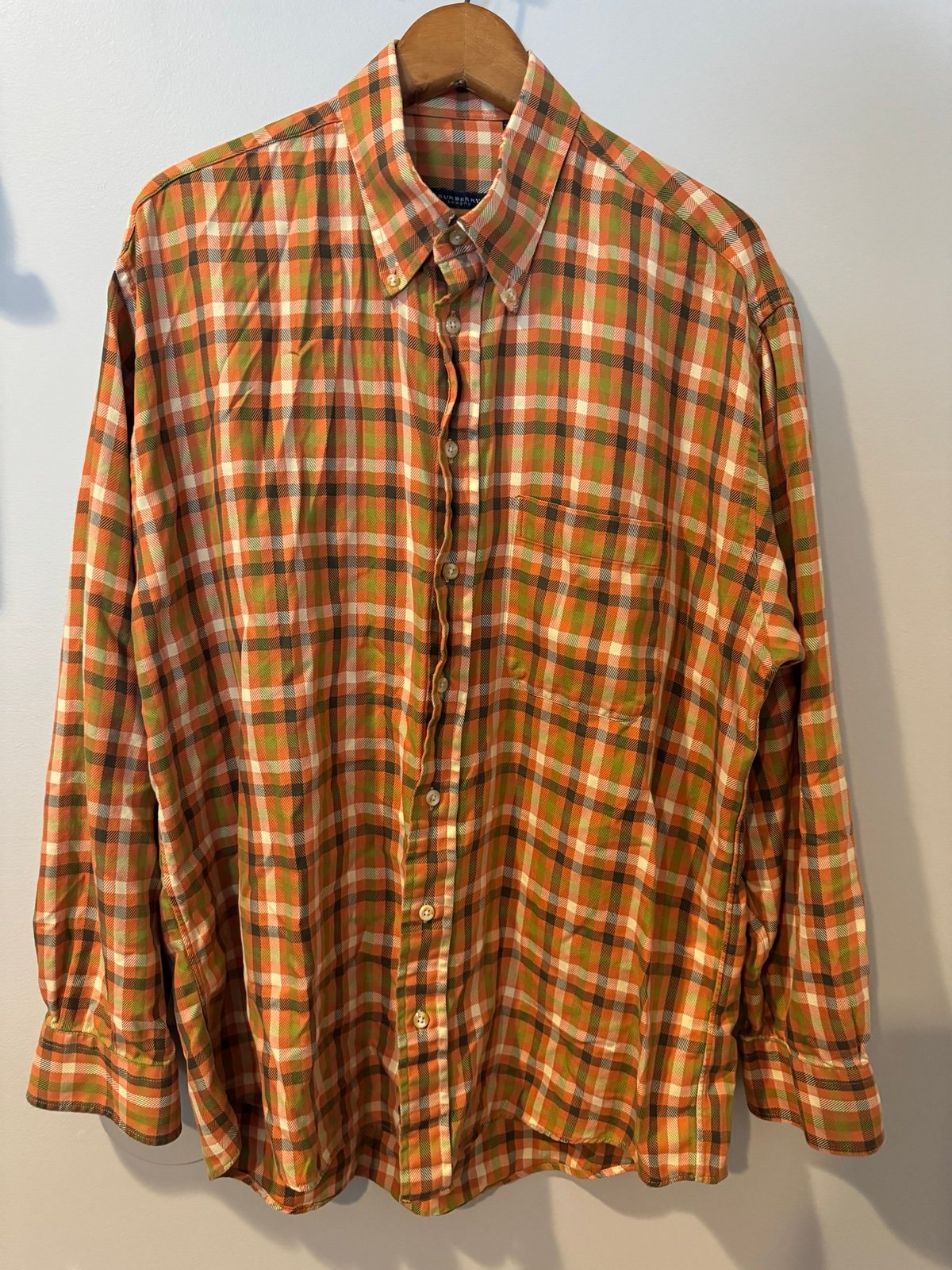 Burberry Shirt Men's Large Orange Plaid Long Sleeve Button-Down Classic