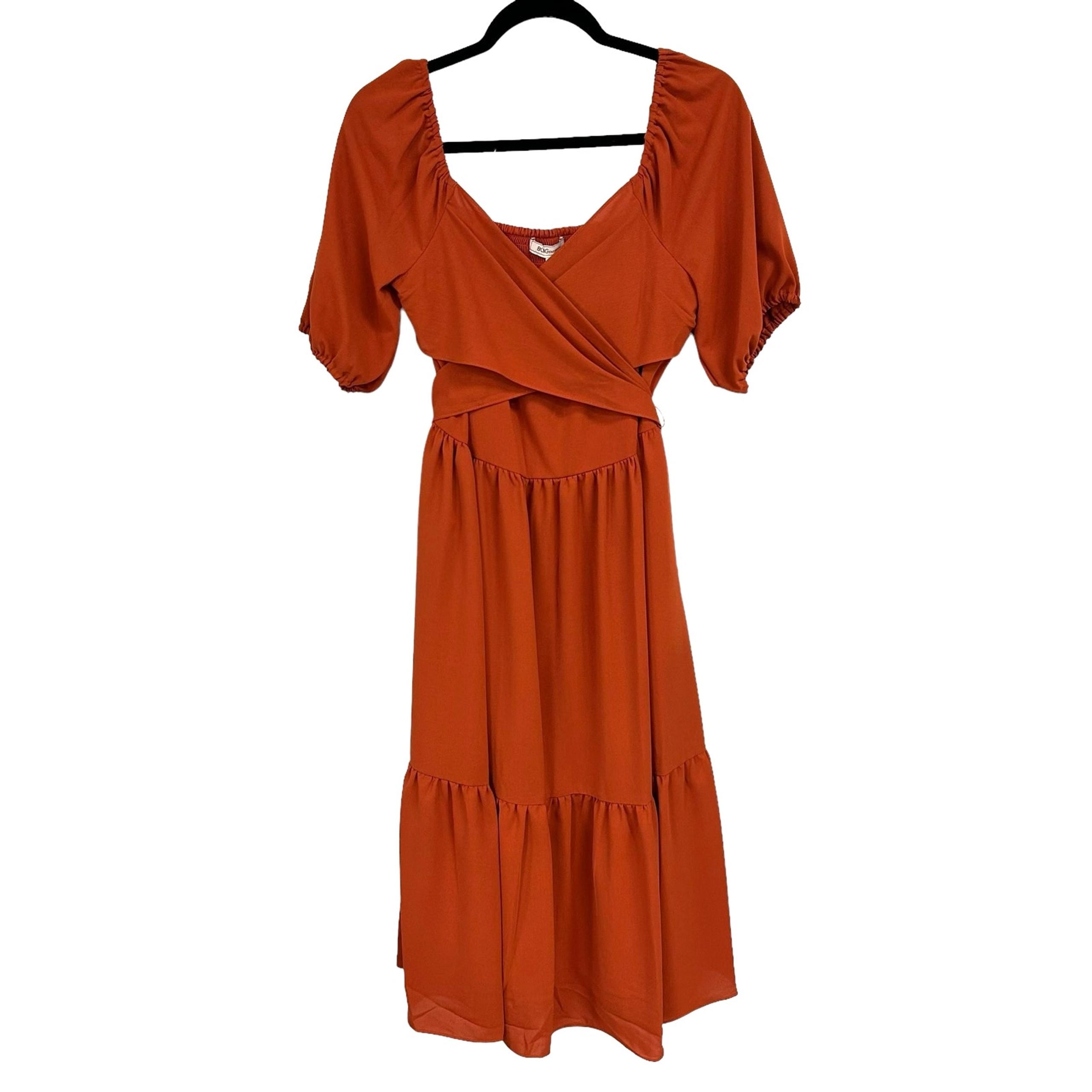 NWT  BCBGENERATION Women's Flame Orange Puff-Sleeve Tiered Midi Dress 16