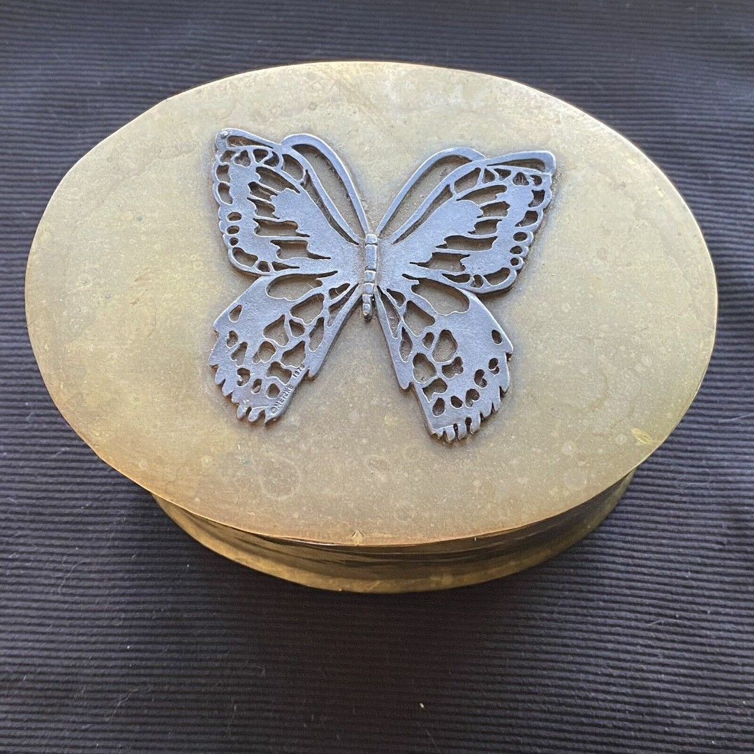 Vintage 1975 Metzke Brass With Pewter Butterfly Trinket Box. 3”x4”x6”.