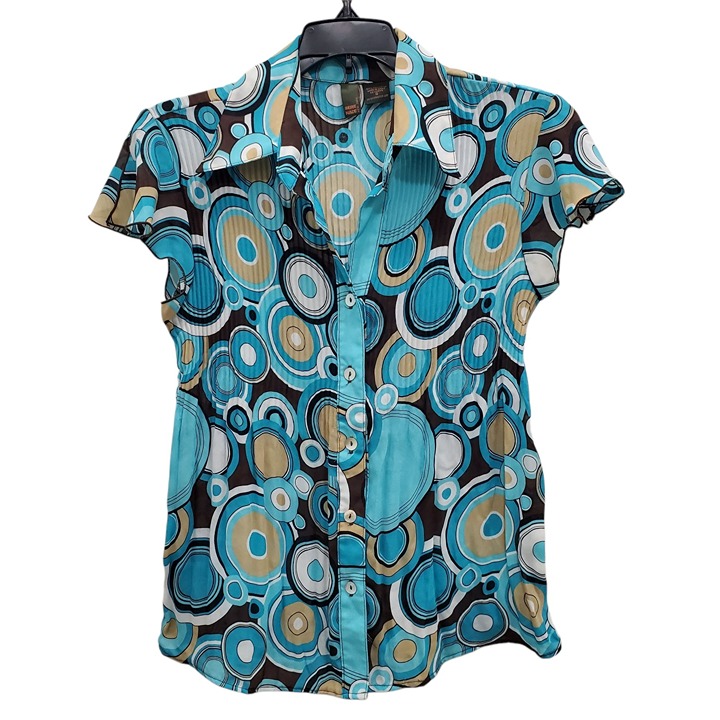 Sere Nade Serenade Y2K Women's Aqua Retro Circle Print Crinkle Button Up Top S
