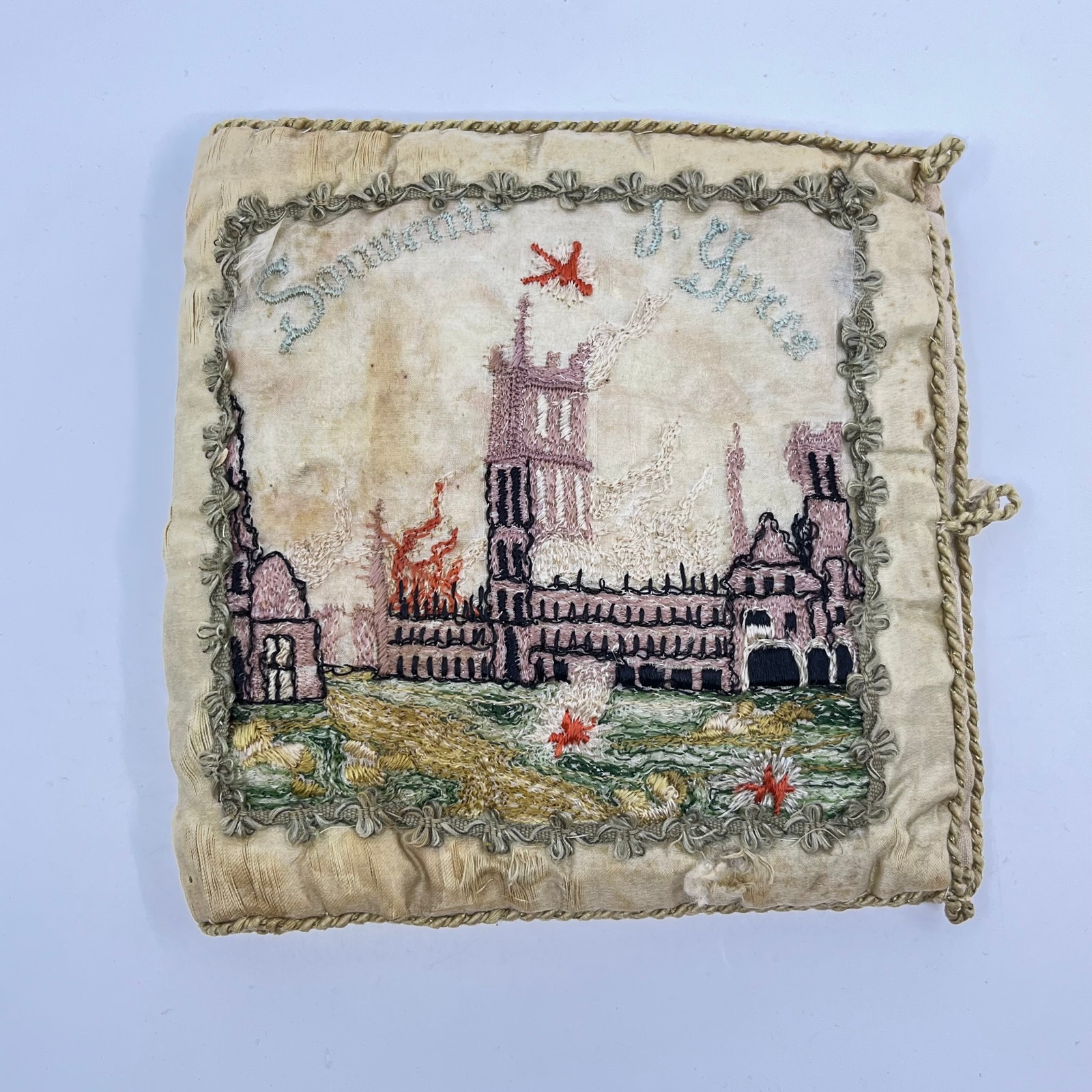 c1920 WWI Ypres Belgian Souvenir Handkerchief Holder Hand Embroidered TF5