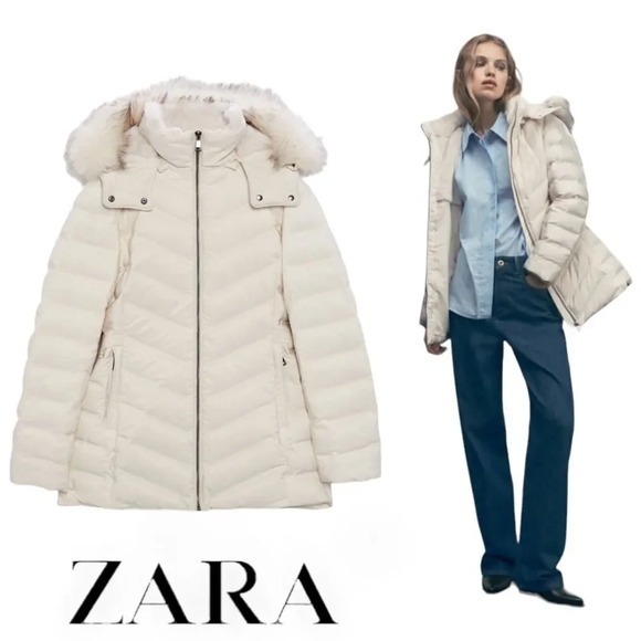 (XXL) ZARA | Ecru | WATER AND WIND PROTECTION HOODED DOWN COAT 8073/523