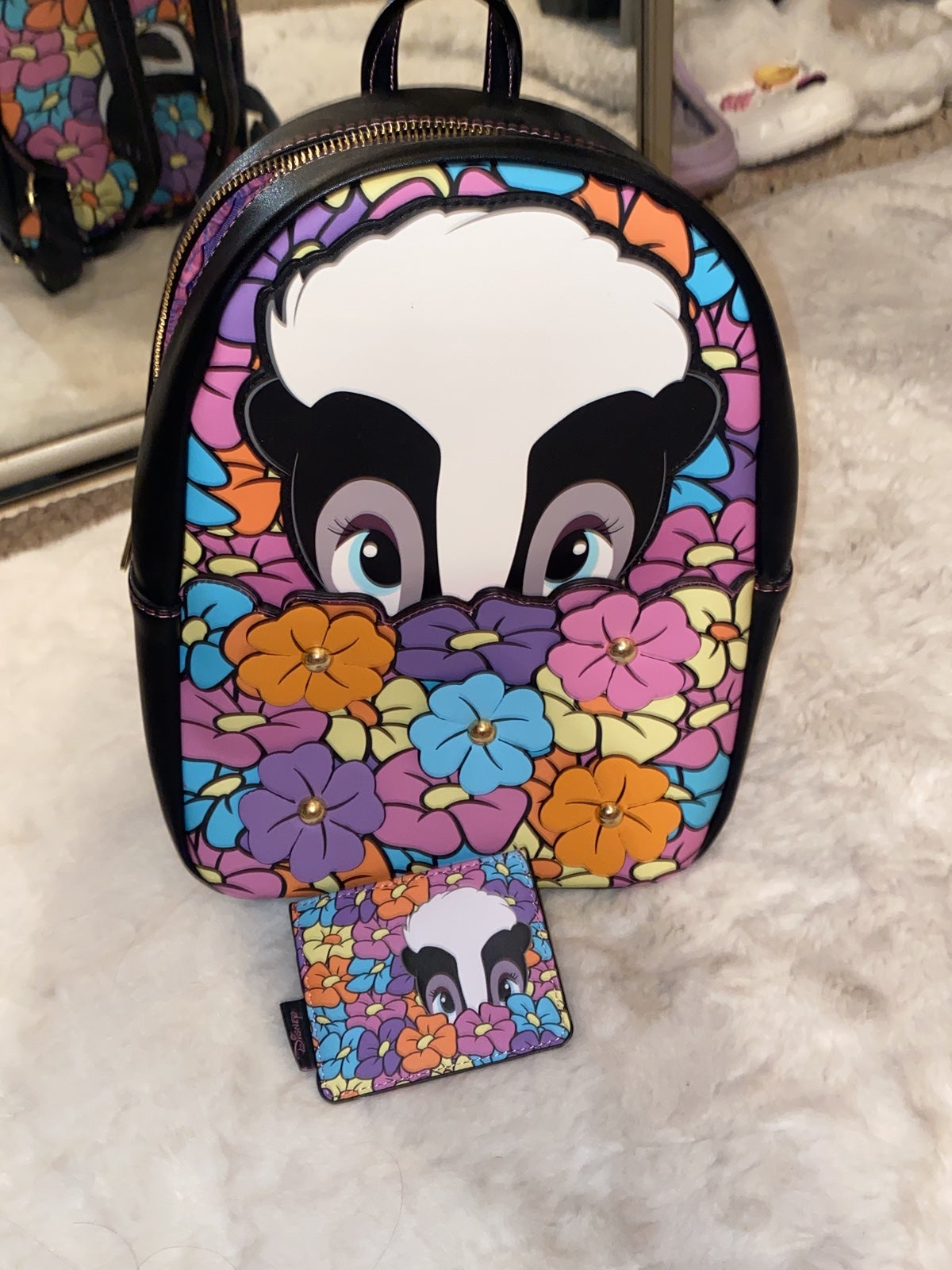 loungefly flower backpack and card holder
