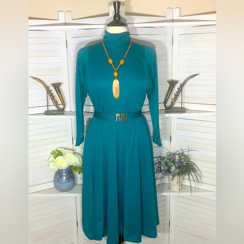 vintage 70s full swing midi dress mock neck teal blue long sleeves belted Sz XL