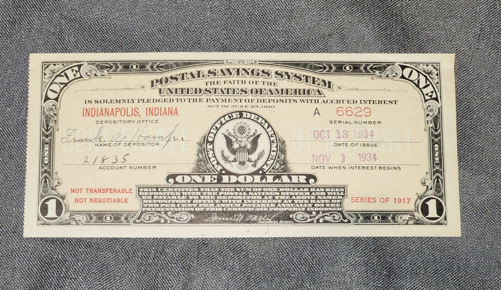 Series 1917 Postal Savings System 1 Certificate, Issued In 1934, Indianapolis