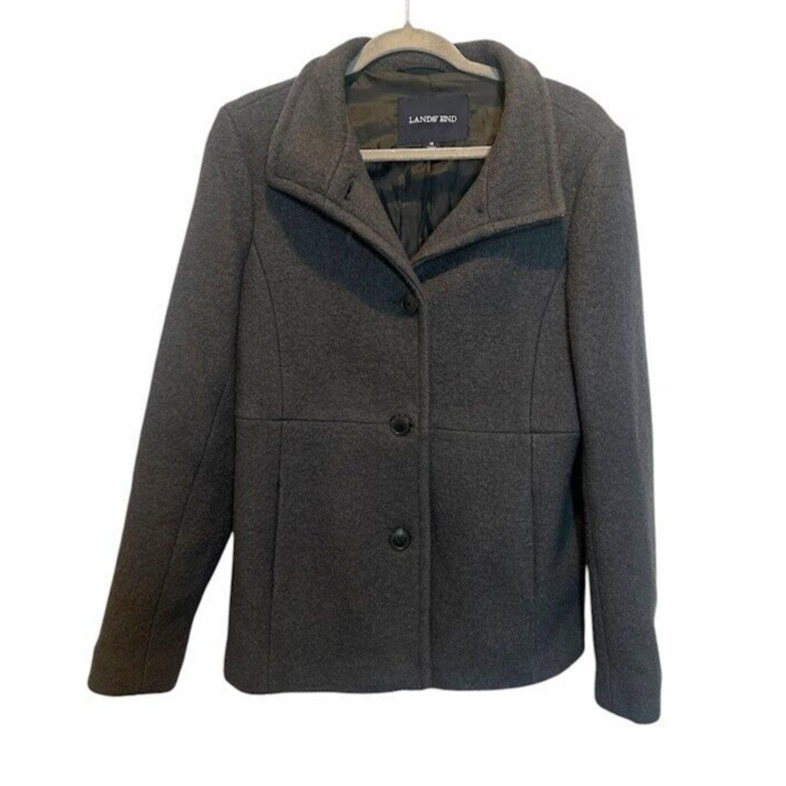 Lands' End Button Up Coat Jacket Womens Size 10 Grey Wool Blend Peacoat Office