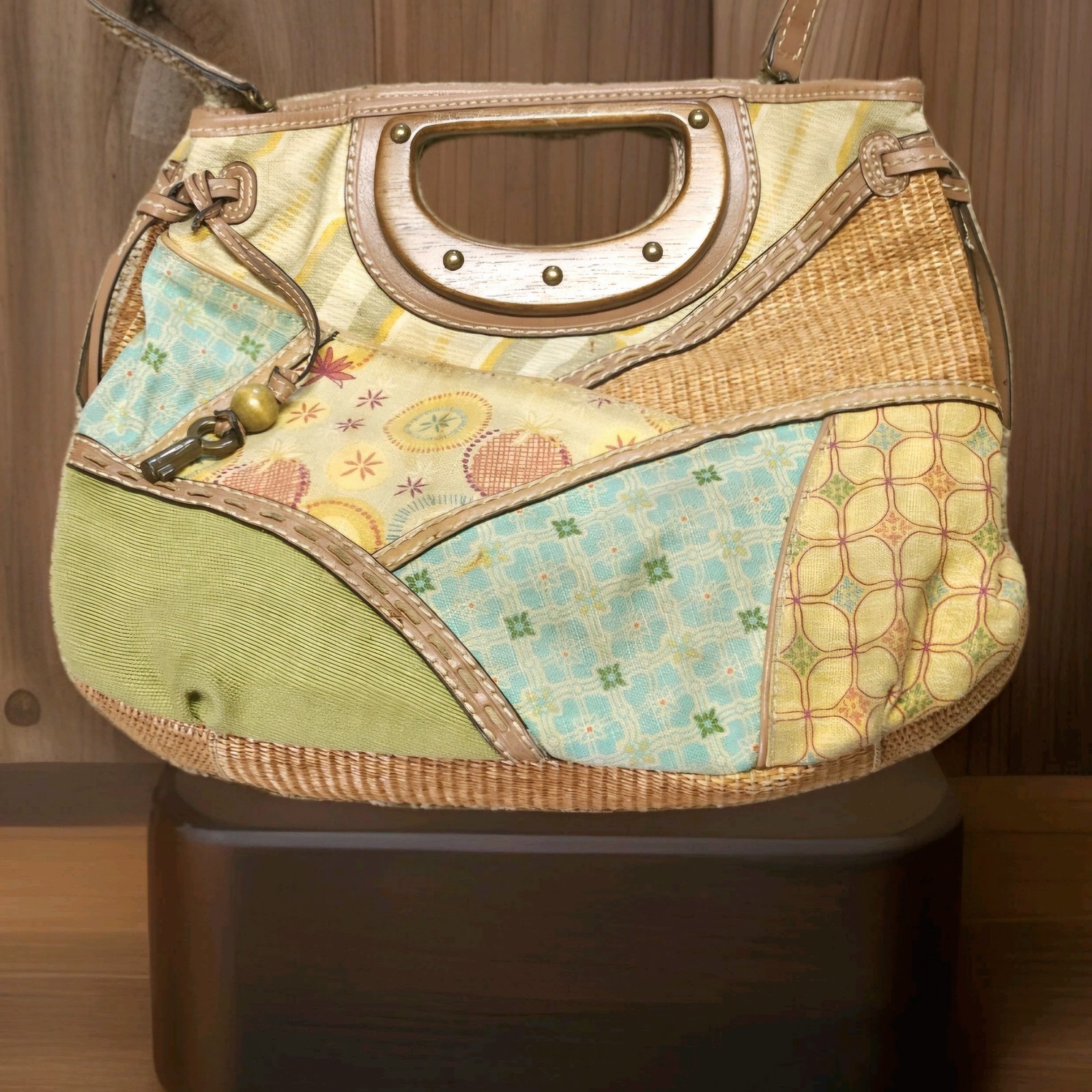 Vintage Fossil Patchwork Crossbody Bag with Key Charm