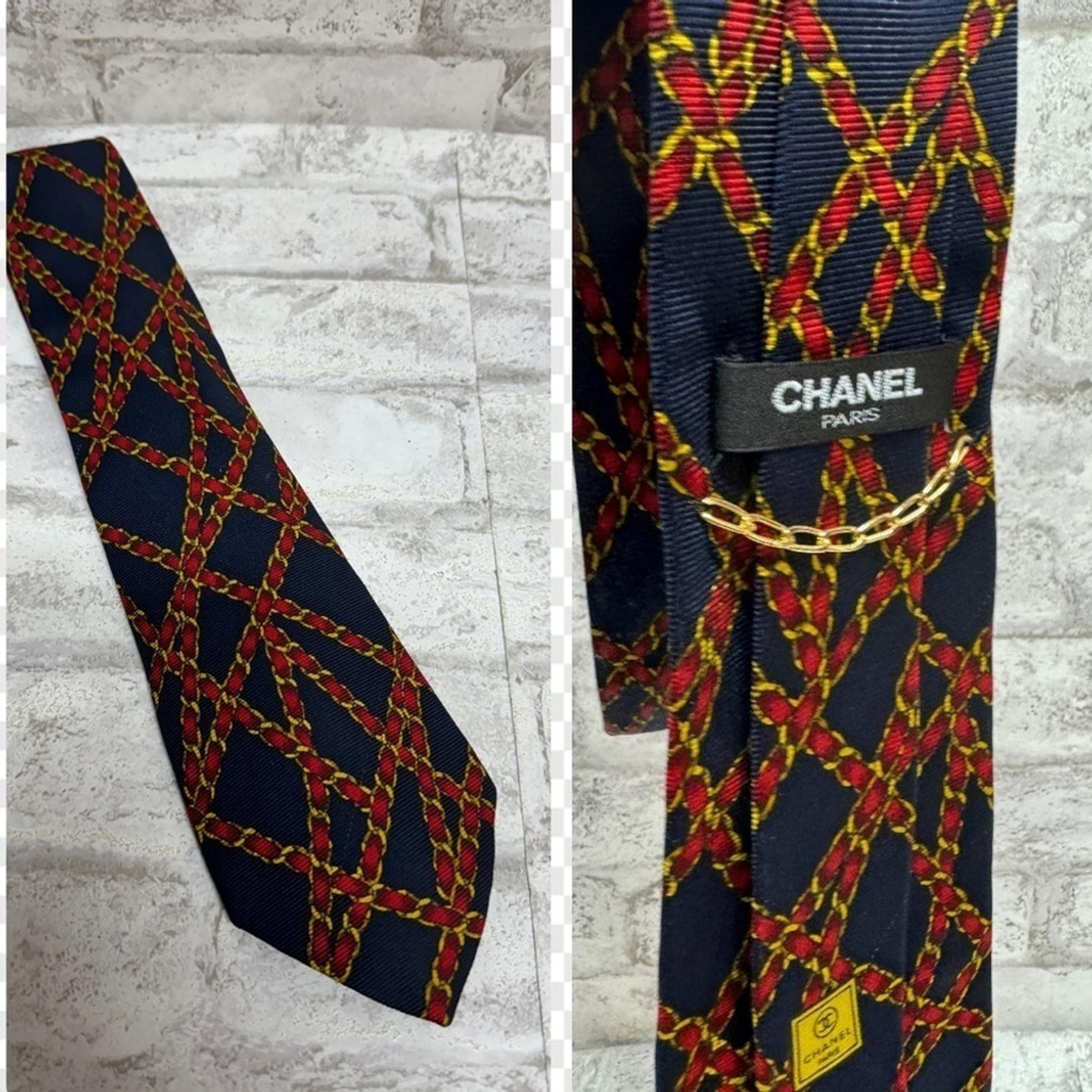 CHANEL vintage silk men’s necktie navy red gold chain ribbon pattern print